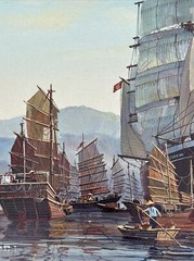 FRANK HAMILTON PAINTING THE STAR OF INDIA IN HONG KONG SHIP NAUTICAL MARINA BOAT