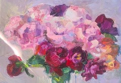 Original Oil Painting Peonies Colorful Still Life 18×14 in Oil on Board Signed