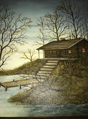 G. Philip – Oil – Painting – Art – Original – Cabin – Lake – Trees – Autumn