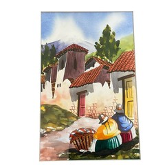 Latin America Village Painting Original Watercolor Signed Framed Colorful 12X15
