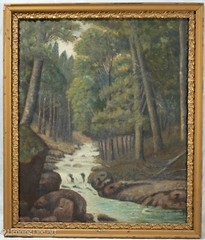 Beautiful Antique Oil Painting of Wooded Landscape with Stream and Trees, Lovely