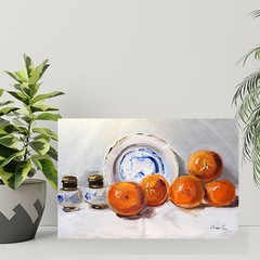 VINTAGE Japanese PLATE and clementines Oil Painting 8×1 2in Demenko