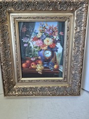 Framed Floral Still Life Oil Painting Signed Karp Ornate Gold Frame 16″ x 16″…