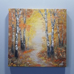Autumn Forest Path Oil Painting Original Birch Trees Woodland Wall Art Decor 8×8