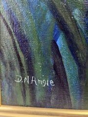 Original Framed Oil Art Floral Yellow Iris on a blue Background Signed 24”x18”