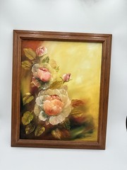 vintage rose oil painting Framed Signed Peach Pinks Impressionistic F2 Large