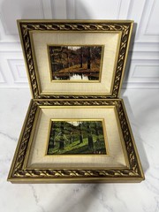 VTG Pair Signed Noel Oil Paintings on Board Forest Landscapes Gold Frames Ornate