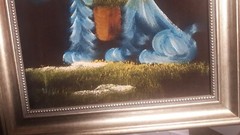 Blue Dog On Black Velvet Painting With Metallic Color Frame, No Signature