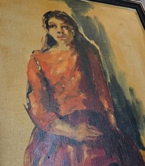VTG Signed Original Painting MJ Gottfried? Long Hair Woman Red Dress Colorful
