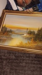 Lantresen Landscape Oil Painting Signed Framed 41×31 in Trees Lake Windmill