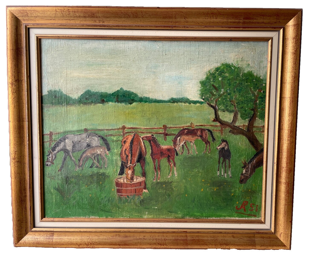Mid-Century Modern (MCM) Original Farm Scene Horse and Pony – Oil on Canvas