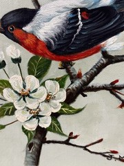 American 20C, J. Miller, Oil Painting on Canvas, Bird, Bullfinch on a Tree