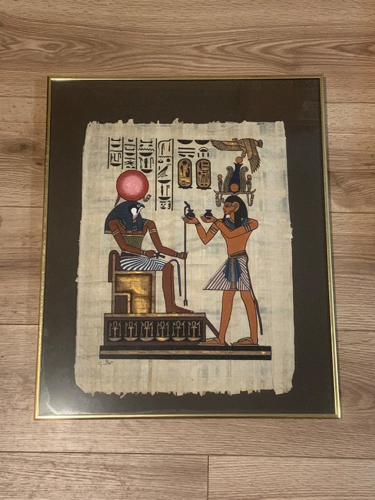 Hand-Painted Egyptian Papyrus Art Pharaonic Offering Scene Horus Ra