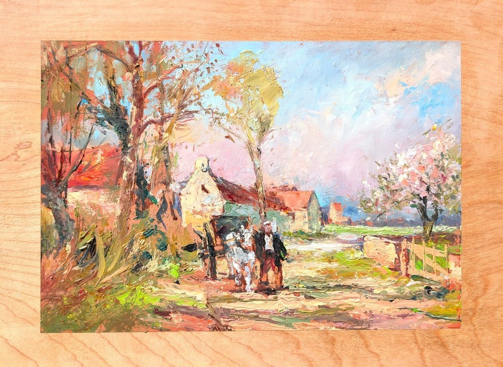 Vintage Impressionist Oil Painting – Rural Landscape with Horse & Carriage