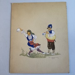 VTG Ukrainian Folk Art Watercolor Painting on Cardboard Signed by Artist 1947
