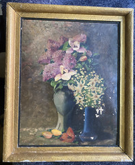 ::OIL PAINTING °LILAC WITH MAGNOLIAS STILL LIFE F. ULLRICH SIGNED FRAME ANTIQUE