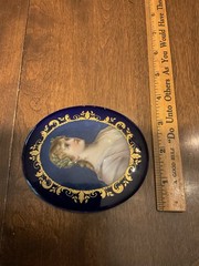 Antique Porcelain Plaque Painting Portrait Young Lady Flowers in Gold Blue Frame