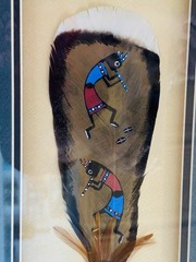 Hand Painted Kokopelli Turkey Feather Art Southwest Collage Framed Beaded 22″