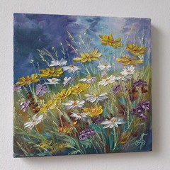 Golden Wildflower Meadow Original Oil Painting Floral Landscape Nature Wall Arts