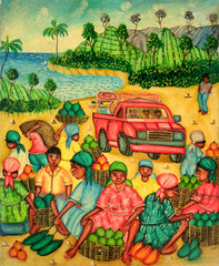 Vintage Haitian Folk Art Painting „Market Truck Scene“