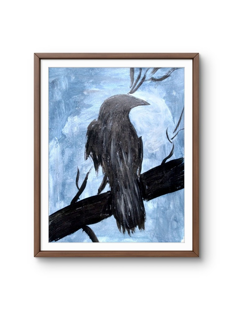 Original Hand Painted 9×12 Crow Acrylic Signed Impressionist Blue Wall Art Paper