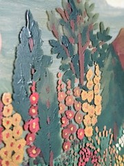 Rare 1930s FRONT OF GLASS PAINTING Cottage Country Garden Hollyhocks COTTAGECORE