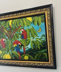Sal Salinero Florida Artist Scarlet Plumage and Schefflera Blooms 36×26 Giclee