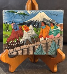 Vintage Miniature Folk Art Painting Leather Tigua Ecuador Andes 4.5” X 3.5”