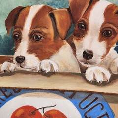 Jack Russell Terrier Puppies in Box Original Oil Painting 16×20 Canvas Dog Decor
