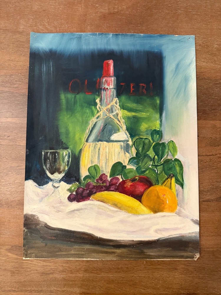 Vintage Student Artist Unsigned Oil Painting | Still Life Wine Fruit