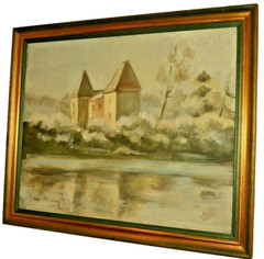 BARBARA CLEARY Original Vintage Signed Chateau House Lake Landscape Oil Painting