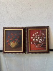Vintage Pair of Floral Still Life painting copies on board signed Beatriz.