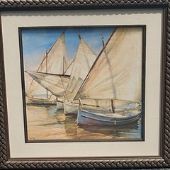 “Violet Boat” By Juame Laporte Sailboat, Seascape, Realism, Blue, Tan, cream