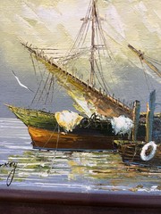 Markey Signed Oil Painting Fishing Boats at Dock Mid Century Black & Brown Frame