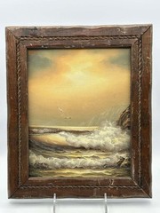 Antique Oil Seascape Painting Signed C. Rownay in Rustic Rope Wood Frame 12.5×10