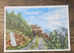 Aceo Atc Original Acrylic Mountain Landscape with Waterfall And Road