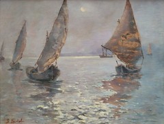 Old Italian Night Marine Scene with Sailboats Original 30’s Oil Painting signed