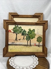 Pair of rustic Americana / Folk Art watercolor paintings – farming scenes