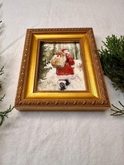 Adorable Vintage Santa Winter Scene Painting in a Handcrafted Frame
