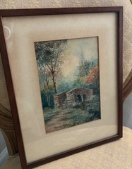 Antique Watercolor Painting Framed Landscape Stone Bridge Church England 10×13”