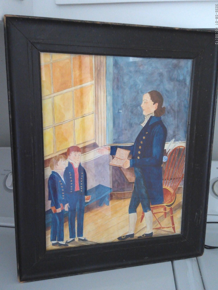 VINTAGE SCHOOLMASTER AND BOYS WATERCOLOR PAINTING FRAMED 17.5″ Primitive colonia