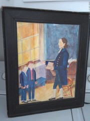 VINTAGE SCHOOLMASTER AND BOYS WATERCOLOR PAINTING FRAMED 17.5″ Primitive colonia