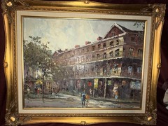 Vintage French Quarter Street Scene oil painting signed G Marriott framed large