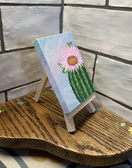 Small Acrylic Canvas painting w/Easel Southwest Colorful Cactus W/ Pink Flower