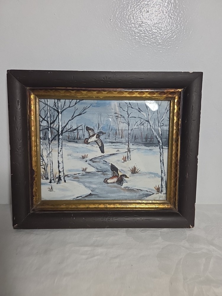 Beautiful Vintage Watercolor Painting Winter Landscape With Ducks