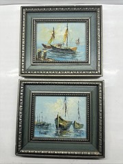 Vintage 2 Nautical Coastal Harbor Seascape Sailboats Oil Painting Signed Framed