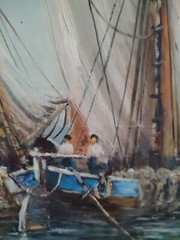 Marine P. VOLODTCHENKO Painting Oil On Isorel Animated ‚Fishermen‘ Circa 1950 🎨