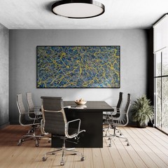 XXL Jackson Pollock Style Blue & Yellow Abstract Art Textured Painting 59×30 in