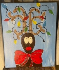 Hand Painted Christmas Reindeer, Bulbs and Red Bow Canvas Signed 20×16
