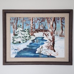 Vintage Winter Landscape Oil Painting Signed JR Birch Stream Forest Framed 20×16
